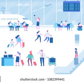 Different people sitting and walking in airport terminal. Travel concept. Infographics elements. Flat vector set.