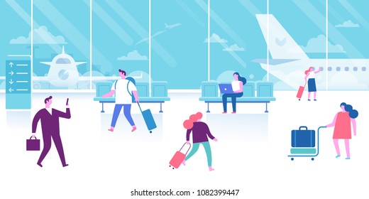 Different people sitting and walking in airport terminal. Travel concept. Infographics elements. Flat vector set.