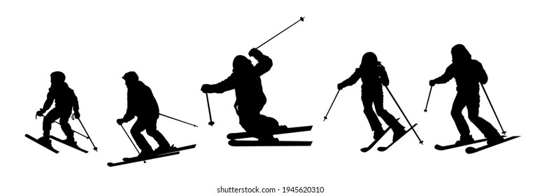 Different people skiing vector silhouette.