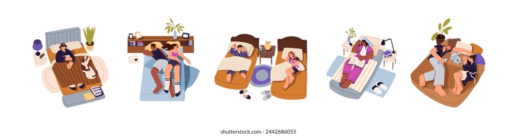 Different people sleep set. Couple with infant, alone person with dog have rest in bed together. Asleep characters lying, nap on pillow top view. Flat isolated vector illustration on white background