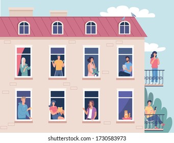 Different people spend their time at home isolation flat vector illustration