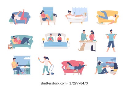 
Different people spend time at home with benefit. Color flat vector set illustration