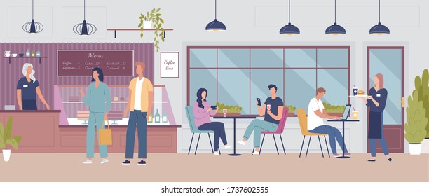 Different people spend time in the modern cute cafe vector illustration