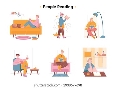 Different people spend time reading books. A young guy in warm clothes walks down the street and reads a book. A girl sits on a chair under a large lamp and reads a book. Students study the material. 