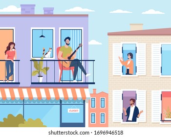 Different people spend time in their apartments isolation during quarantine. Stay at home vector illustration