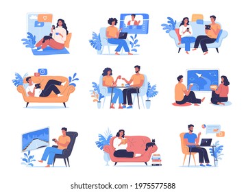 Different people spending their time at home vector illustration set. Happy young people playing games, watching movies, talking, sleeping, reading books and eating meal 