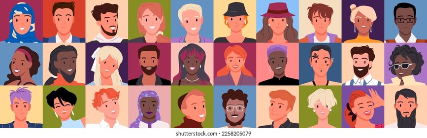 Different people in square avatars vector illustration. Cartoon portraits of multicultural diverse team of happy female and male adult characters with smiles on young faces, cute man and woman
