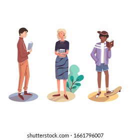 Different People stand with books. Vector illustration.