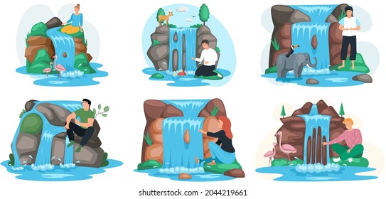 Different people stand next to rock and waterfall. Clean nature concept, clear river and beautiful waterfall in mountains landscape with plants, rocks set scenes. Wild nature lake, animals and birds