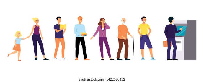 Different people stand in queue to Automated Teller Machine flat cartoon style, vector illustration isolated on white background. Young and old men and women waiting in line to withdraw cash from ATM