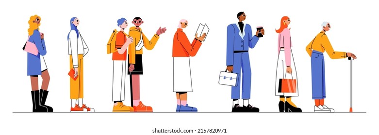 Different people stand in queue. Vector flat illustration of side view of multiracial group patiently waiting in line. Queuing girls, businessman with coffee, boys and reading elder woman