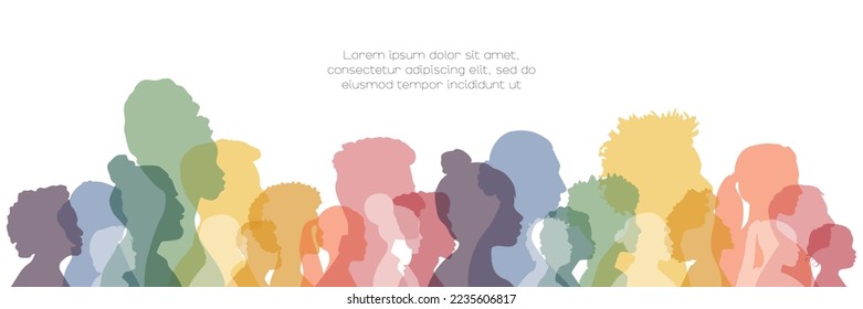 Different people stand side by side together. Card with place for text. Flat vector illustration.