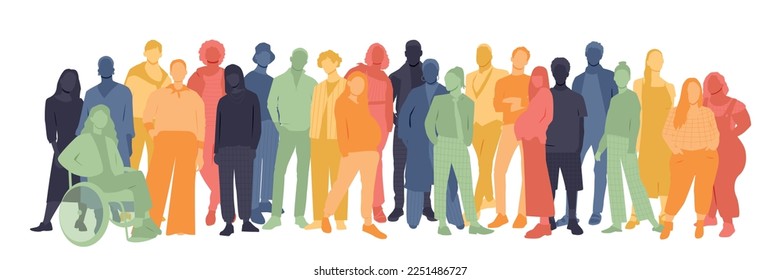 Different people stand side by side together. Flat vector illustration.