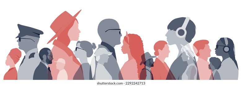 Different people stand side by side together. Flat vector illustration.