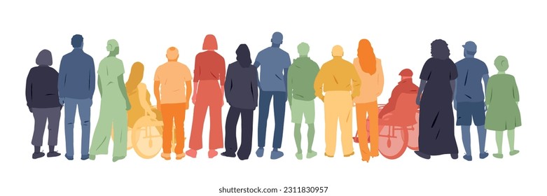 Different people stand side by side together.	