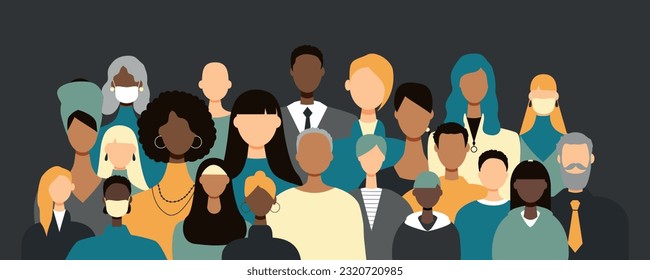 Different people stand side by side together. Flat vector illustration.