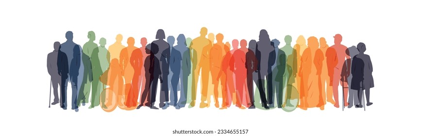 Different people stand side by side together. Flat vector illustration.