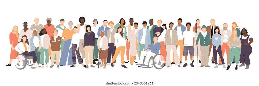 Different people stand side by side together. Flat vector illustration.