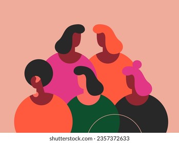 Different people stand side by side together. A friendly inclusive society of girls. Flat vector illustration.
