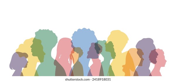 Verschiedene Leute stehen nebeneinander. Gruppe farbige Silhouette Menschen von der Seite Männer und Frauen Porträts. Gemeinschaft von Kollegen oder Mitarbeitern, integrative Bildung, Diversitätsmitarbeiter