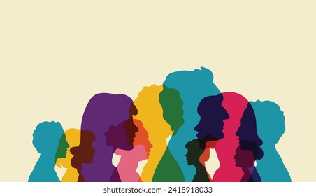 Verschiedene Leute stehen nebeneinander. Gruppe farbige Silhouette Menschen von der Seite Männer und Frauen Porträts. Gemeinschaft von Kollegen oder Mitarbeitern, integrative Bildung, Diversitätsmitarbeiter