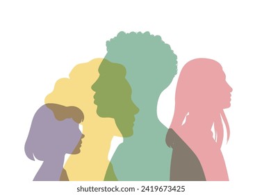 Different people stand side by side together. Group colored silhouette people from the side men and women portraits. Community of colleagues or collaborators, inclusive education, diversity co-workers