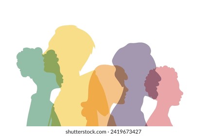 Different people stand side by side together. Group colored silhouette people from the side men and women portraits. Community of colleagues or collaborators, inclusive education, diversity co-workers