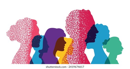 Different people stand side by side together. Group colored silhouette people from the side. Men and women portraits. Community of colleagues or collaborators, inclusive education, co-workers.