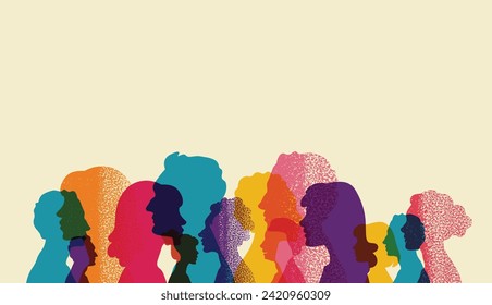 Different people stand side by side together. Group colored silhouette people from the side Men and women portraits. Community of colleagues or collaborators, inclusive education, diversity co-workers