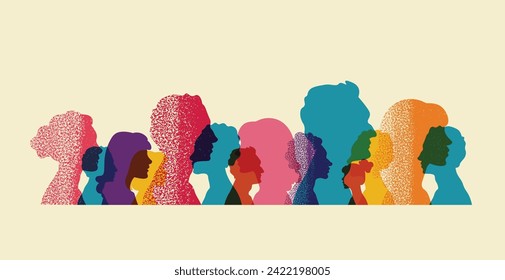 Different people stand side by side together. Group colored silhouette people from the side Men and women portraits. Community of colleagues or collaborators, inclusive education, diversity co-workers