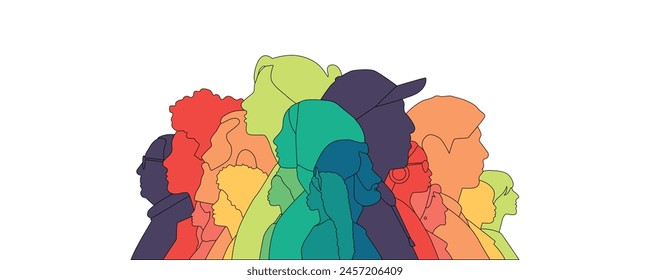 Different people stand side by side together. Flat vector illustration.	