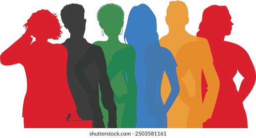 Different people stand side by side together. Silhouette men and women of diverse culture. Flat vector illustration.