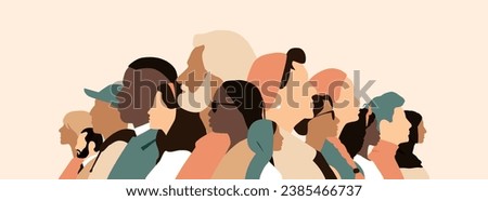 Different people stand side by side together. Modern colour design.