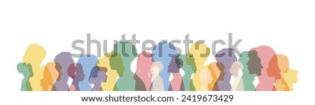 Different people stand side by side together. Group colored silhouette people from the side men and women portraits. Community of colleagues or collaborators, inclusive education, diversity co-workers