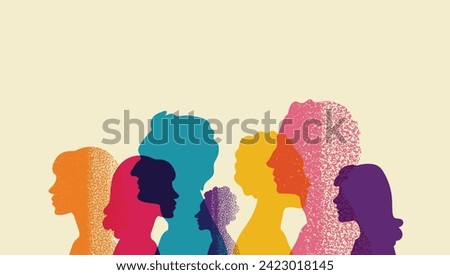 Different people stand side by side together. Group colored silhouette people from the side Men and women portraits. Community of colleagues or collaborators, inclusive education, diversity co-workers