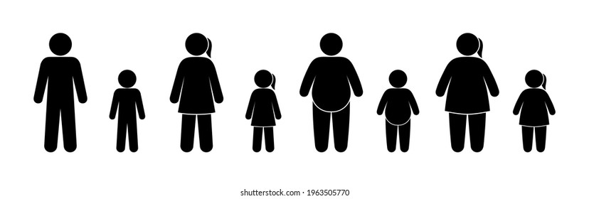 different people stand, stick man illustration, simple silhouettes human, men, women and children