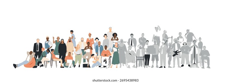 Diferentes personas se mantienen unidas. Concepto de multitud. Una parte de la multitud en colores blanco y negro.