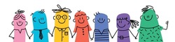Different People Stand Together. Stick Figure Hold Hands. Doodle Style. Vector Illustration.