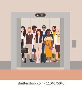 Different people standing in elevator with open doors. Group of various men and women waiting inside lift stopped on floor of building. Bright colored cartoon vector illustration in flat style