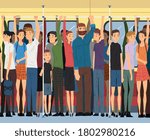 Different People Standing Inside Crowded Subway, Passengers Using Modern City Public Transport Vector Illustration