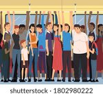Different People Standing Inside Crowded Subway Holding Handrails, Passengers Using City Public Transport Vector Illustration