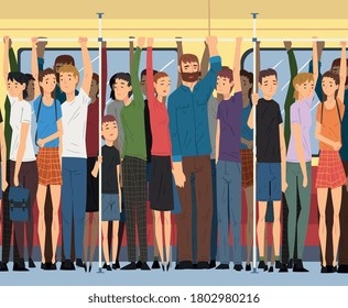 Different People Standing Inside Crowded Subway, Passengers Using Modern City Public Transport Vector Illustration