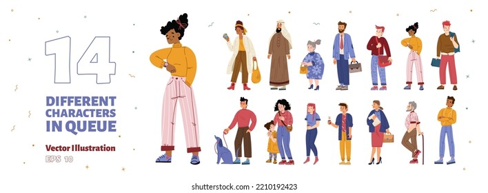 Different people standing in queue set. Diverse characters, students, arab man, elder persons, mother with girl, businessman and guy with dog waiting in line, vector hand drawn illustration