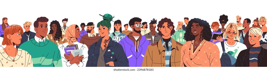 Different people standing together. Multinational group portrait. Diverse person faces of various age, ethnic. Happy young characters of multiracial society. Flat isolated vector illustration on white