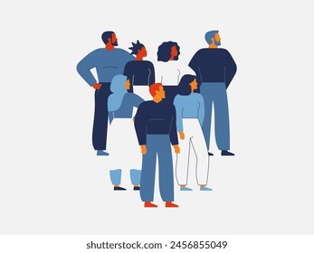 Different people standing together in the shape of a heart. The diverse group of Men and woman support each other fo achieving common goals. Concept of unity, love, and solidarity. Vector illustration