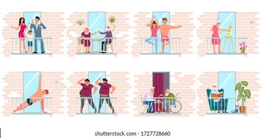 Different people stay at home. Neighbors doing yoga or exercises, drinking tea, working or relaxing on the balcony. Activity and hobbies during the coronavirus pandemic. Flat Art Vector Illustration