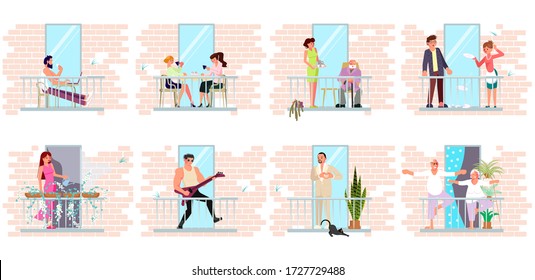Different people stay at home. Neighbors doing yoga or exercises, drinking tea, working or relaxing on the balcony. Activity and hobbies during the coronavirus pandemic. Flat Art Vector Illustration