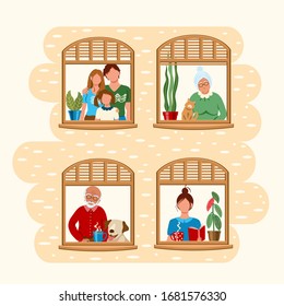 Different people stay home as social distancing to protect from COVID-19. People staying by the window at home in self quarantine, protection from virus. Vector illustration drawing in flat style 