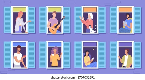 Different people stay in their apartments looking out the window and chatting with their neighbors. Violet color building