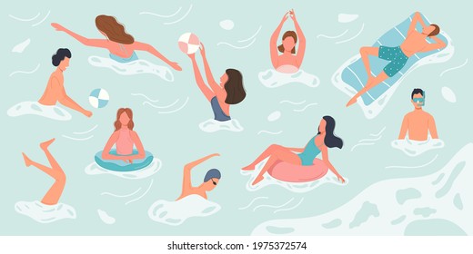 Different people swimming and rests in sea or ocean performing various activities. Characters spend summer vacation time. Vector illustration swim in water concept